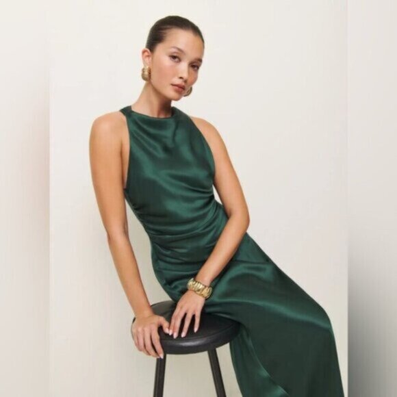 NEW Reformation Anaiis Long Silk Dress Forest Dark Green | US 6 UK 10 - Picture 14 of 14